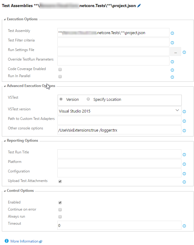 Full Test Ste Configuration for the VSTS Test Build Step for .net core