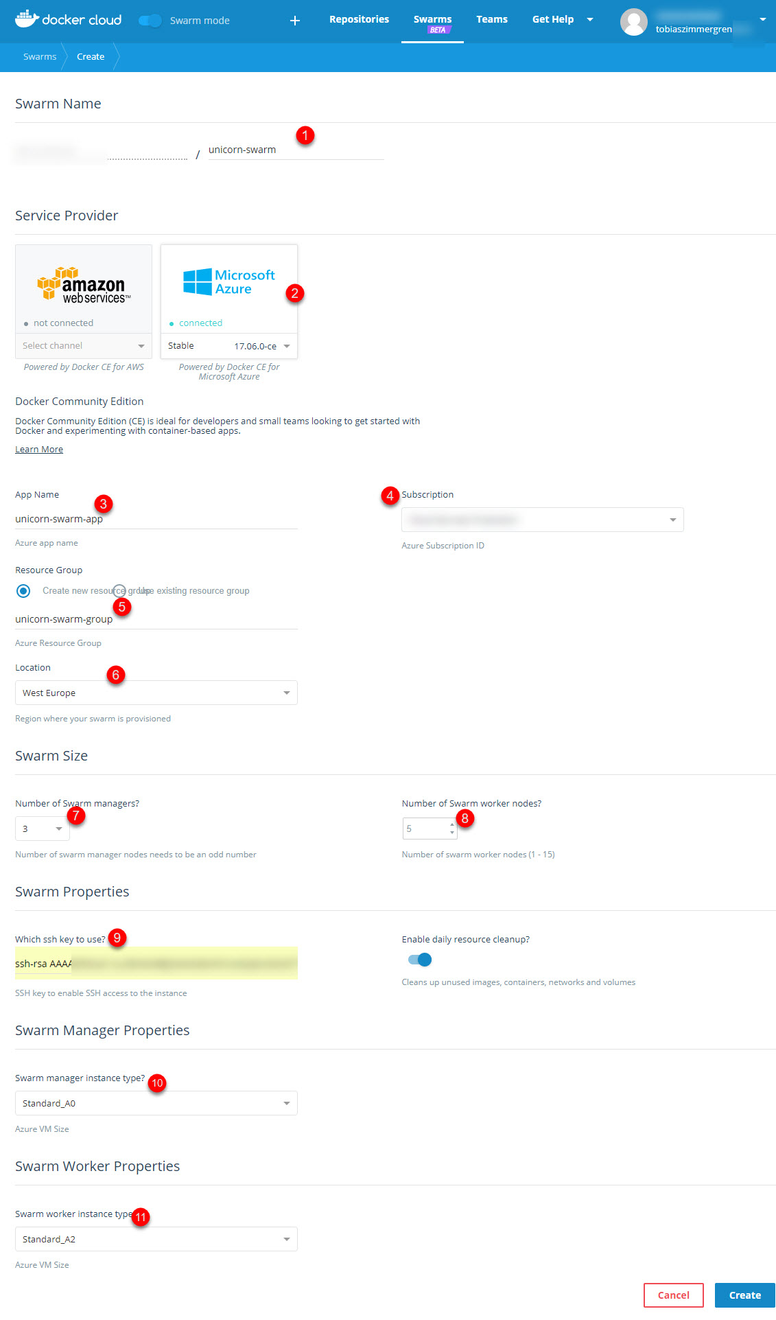 Creating a Docker Cloud Swarm in the connected Azure Subscription