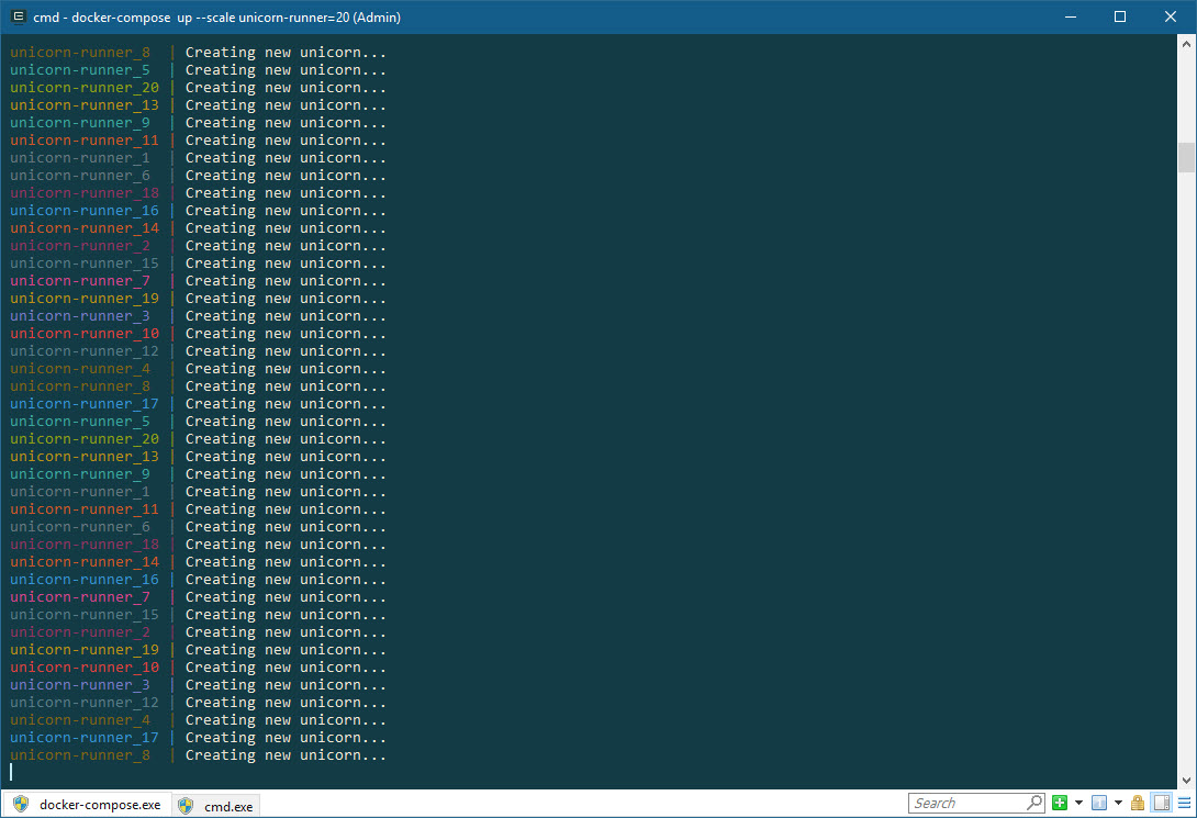 docker-compose up --scale unicorn-runner=20, screenshot