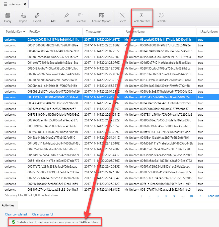 unicorn table in Azure Storage Explorer is getting heavily inserted into