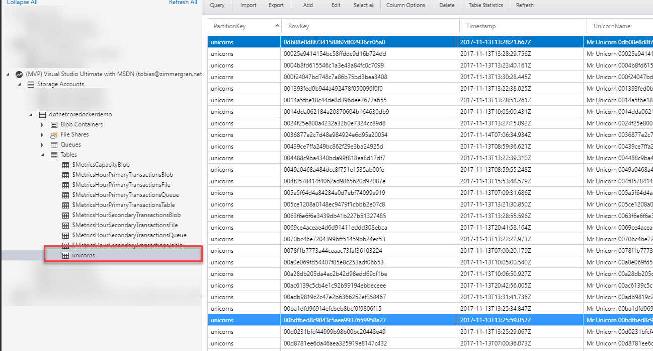 Storage Explorer displaying the demo data