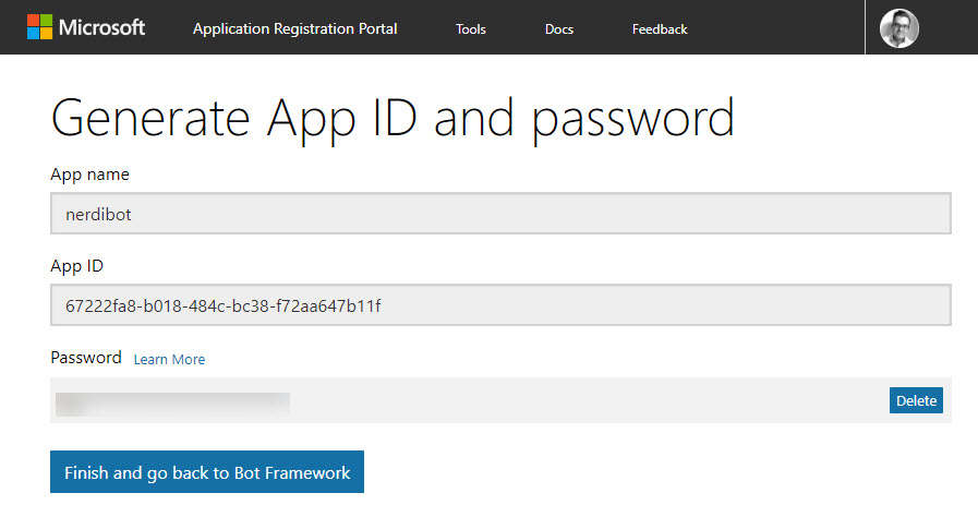 Application Registration Portal - App Id and Password generated