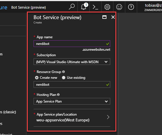 Create your bot in Azure by populating the details you want for your bot