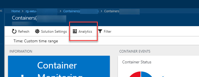 Click the Analytics button in the Container Monitoring Solution dashboard