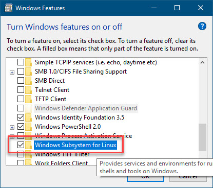 How to enable the Linux / Bash subsystem in Windows 10