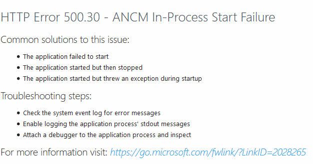 Solving Http Error 500.30 - Ancm In-Process Start Failure On Azure