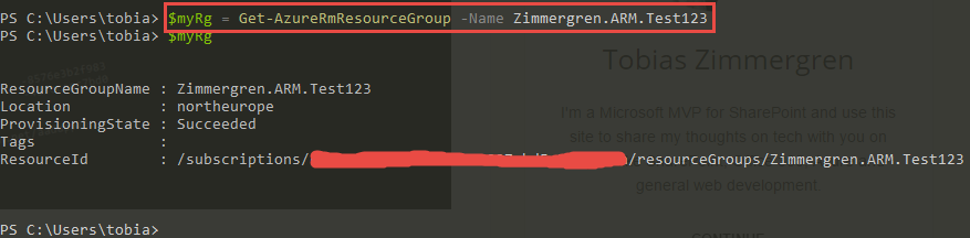 Get a specific Azure Resource Group by using Get-AzureRmResourceGroup -Name