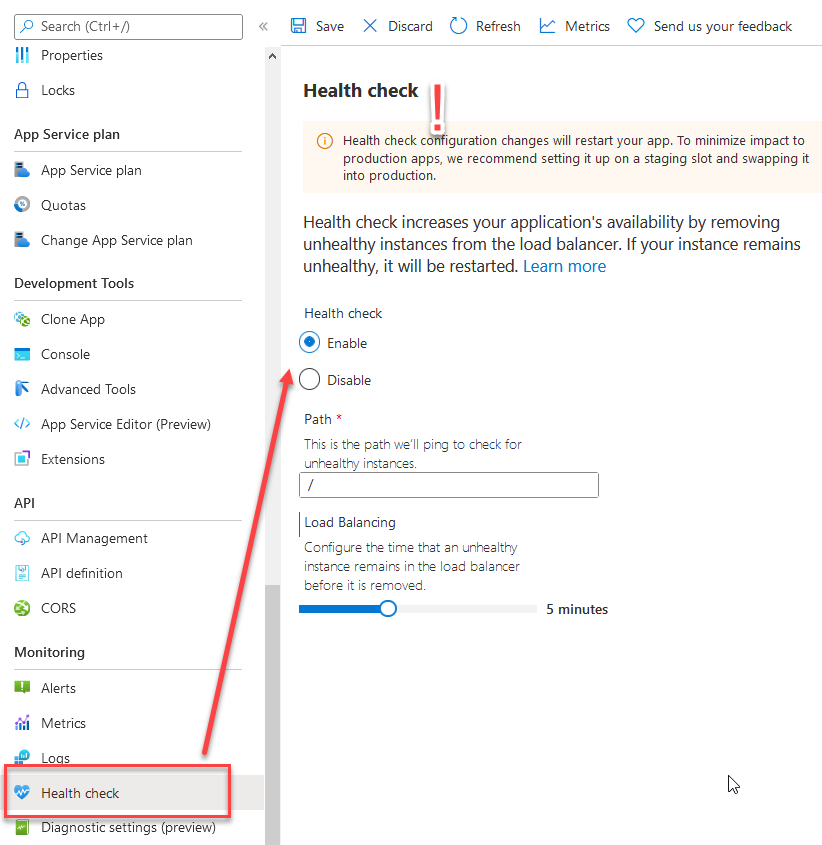 Azure App Service tips Enable the HealthCheck capabilities