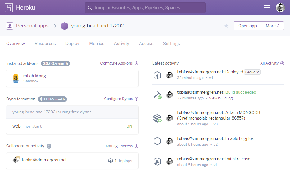 Heroku Dashboard for @zimmergren