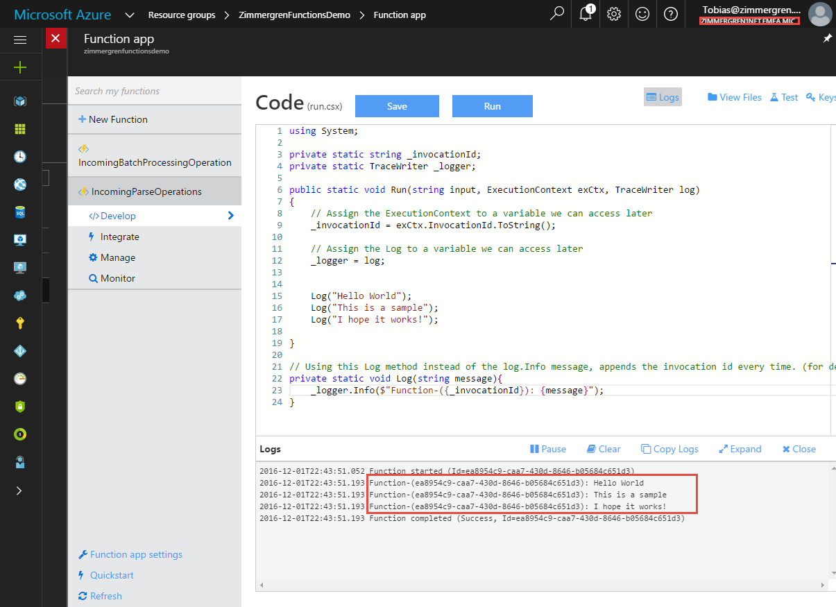 Getting the ExecutionContext.InvocationId