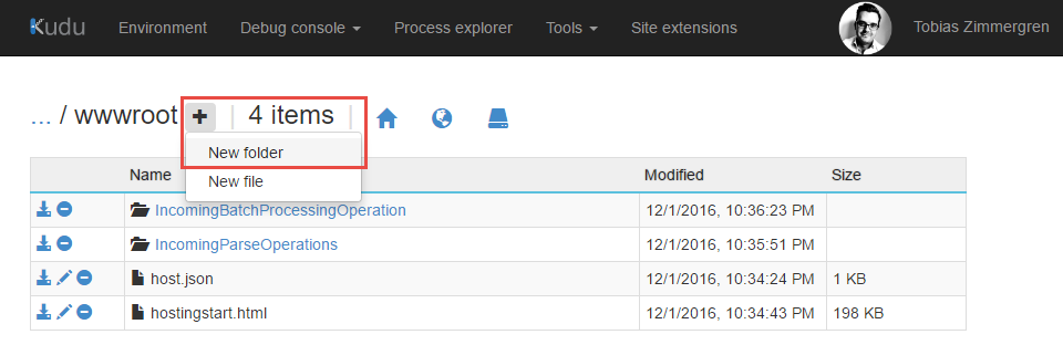 Azure App Service KUDU - New folder