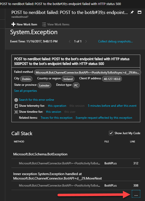 Application Insights showing Bot Framework 500 internal server error