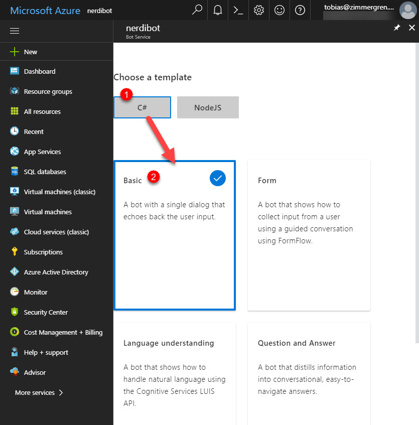 Microsoft Bot Framework template selection in Azure