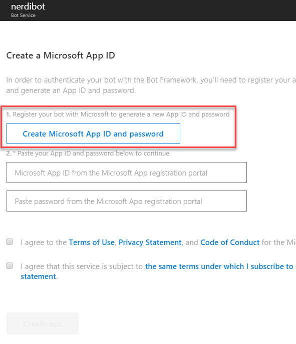 Create Microsoft App ID and Password