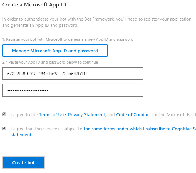 Enter AppId and Password into the registration page in Azure