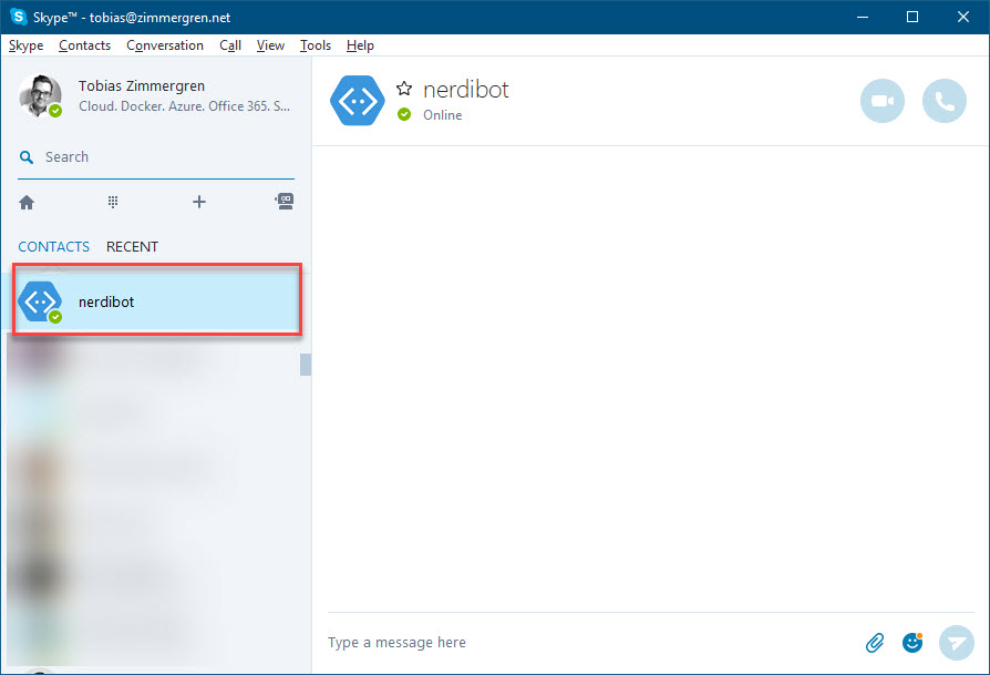 Your new bot is now a contact in Skype