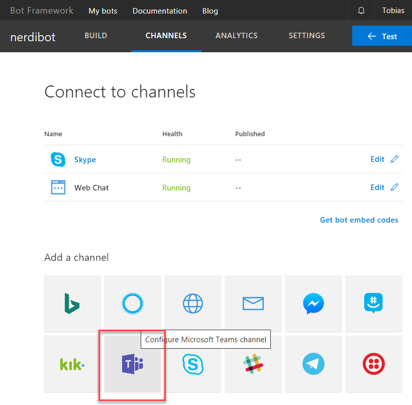 Add Microsoft Teams to your bot channels