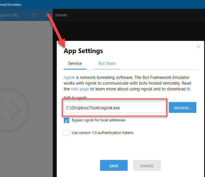Emulator App Settings to configure ngrok