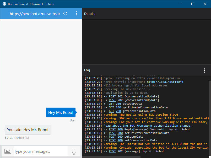 Bot Framework Emulator connected to the remote bot we created