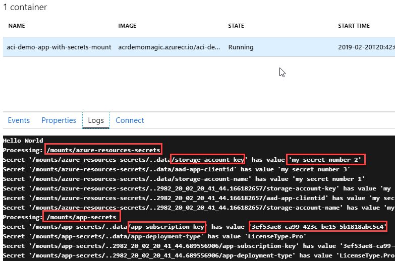 Azure Container Instances (ACI) and Secrets - Creating secret volumes and consume secrets using C# .NET Core