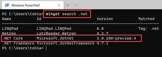 Installing .NET 5 using winget, the Windows Package Manager