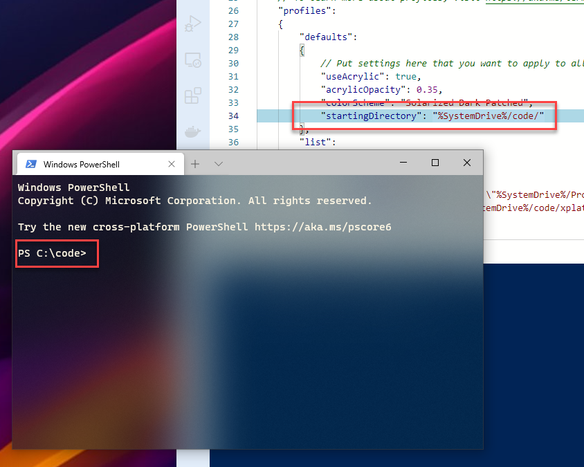Set the default starting directory in Windows Terminal
