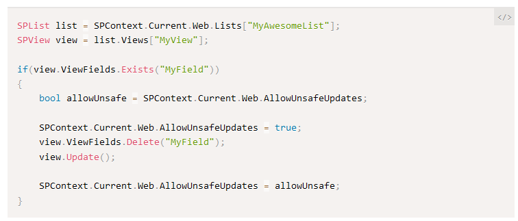 How to: Programmatically remove a Field (SPField) from a view (SPView)