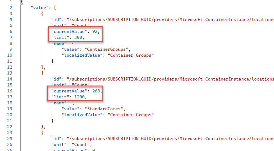 Get the Container Instances usage in an Azure subscription